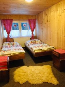 2 camas en una habitación con alfombra y ventana en Chalúpka v Ždiari, en Ždiar