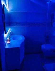een blauwe badkamer met een wastafel en een toilet bij Chambres d'hôtes à thèmes à 2,4Km du parc in Magny-le-Hongre
