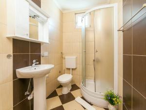 a bathroom with a toilet and a sink and a shower at Hana Accommodation in Sveti Stefan