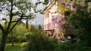 Una casa con flores púrpuras a un lado. en au jardin, en Zuchwil