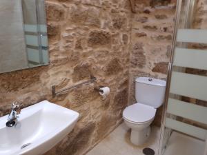 a bathroom with a sink and a toilet and a mirror at Albergue A Salazon in Villanueva de Arosa