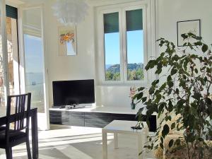 sala de estar con TV, mesa y planta en Fiori Sul Mare, en Tellaro