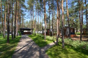 a park with trees and a building in the grass at Sobi Hotel in Vyshhorod