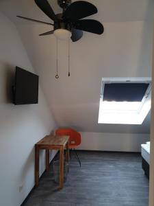 sala de estar con ventilador de techo y mesa en ANJA'S motel, en Bruchmühlbach-Miesau
