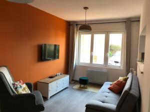 sala de estar con sofá y TV en Le cabinet de Benoni en Nielles-lès-Bléquin