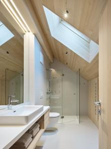 ein Badezimmer mit einem Waschbecken, einem WC und einem Dachfenster in der Unterkunft Försterhaus Mellau in Mellau