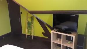 um quarto com uma televisão numa bancada com uma parede verde em Le Gîte du Magnolia em Willerval