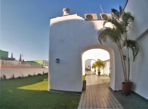 a white building with an archway and a palm tree at Roma Guadalajara in downtown in Guadalajara