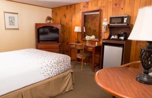 a bedroom with a bed, chair, desk and television at Knotty Pine Motel in Bennington