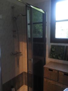a shower with a glass door in a bathroom at La Feuchelle in Villiers-Louis