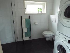 y baño con aseo, ventana y lavadora. en Wad'n Dream, en Moddergat
