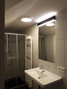 een badkamer met een wastafel, een douche en een spiegel bij DAV-Haus (Alpenverein) in Obertauern