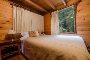 a bedroom with a bed and a window in a cabin at Huilo Huilo Cabañas del Bosque in Huilo Huilo
