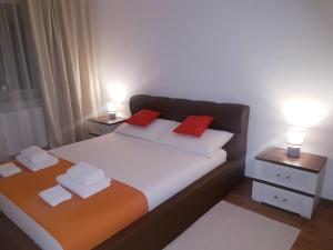 a bedroom with a bed with two red pillows at Dream Apartment Brasov - West in Braşov
