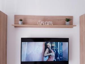 a television on a wall with a picture of a woman at Dream Apartment Brasov - West in Braşov