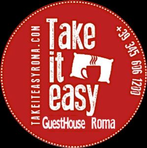 
a red and white sign with a picture of a dog on it at Take It Easy Roma Guest House in Rome
