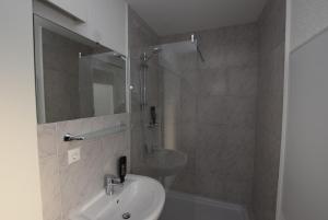 uma casa de banho com um lavatório e um chuveiro com um espelho. em Wohnung Bad Cannstadt em Stuttgart