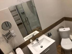 a bathroom with a sink and a toilet and a mirror at Dworcowa - Apartament in Bydgoszcz