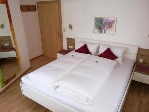 a white bed with red pillows in a room at Ferienwohnungen Pötscher Maria in Matrei in Osttirol