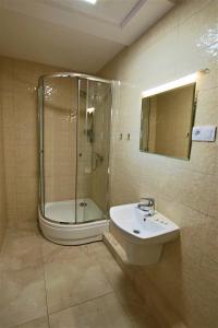 a bathroom with a shower and a sink at Hotel SiLL in Kielce