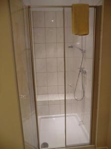 a shower with a glass door in a bathroom at Gästehaus Steuer in Kröv