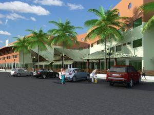 a parking lot with cars and palm trees in front of a building at Flat Shopping Amarração N - 129 in Luis Correia