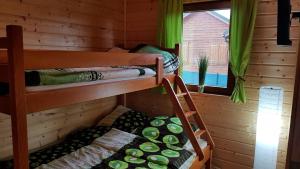 1 dormitorio con literas en una cabaña de madera en Domki Eldorado en Darłowo
