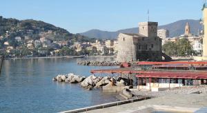 a body of water with a building and a city w obiekcie Hotel Villa Cristina w Rapallo