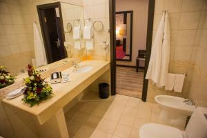 
a bathroom with a toilet, sink, and mirror at Petro Palace Hotel in Saint Petersburg
