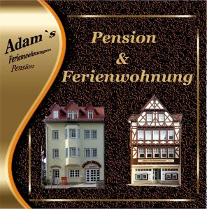 ein Etikett für ein Haus mit einem Gebäude in der Unterkunft Adams Pension und Ferienwohnungen in Mühlhausen
