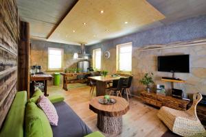 a living room with a green couch and a tv at Ferienwohnung Chiara in Oybin