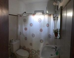 y baño con aseo y cortina de ducha. en la casita de colonia 1, en Colonia del Sacramento