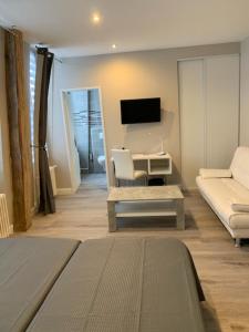 a living room with a couch and a tv at hotel des 2 nations in Luchon