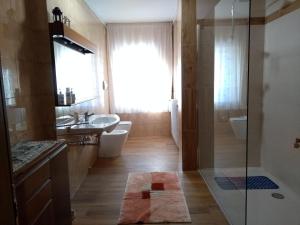 y baño con lavabo, aseo y ducha. en Casa Caterina, en Fiera di Primiero