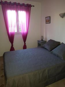 a bedroom with a bed with purple curtains and a window at Appartement de l'olivier in Saintes-Maries-de-la-Mer