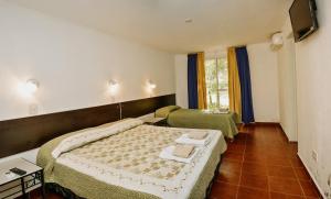 Habitación de hotel con 2 camas y TV en La Candida Hotel en Merlo