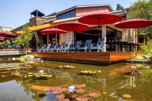 ein Restaurant mit Stühlen und Sonnenschirmen in einem Teich in der Unterkunft Cedarbrook Lodge in SeaTac