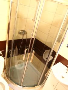 a shower with a glass door in a bathroom at ZELWAGI 14 in Mikołajki
