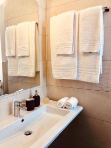 bagno con lavandino, specchio e asciugamani di Casa Ciampi Locazione Turistica a Pisa
