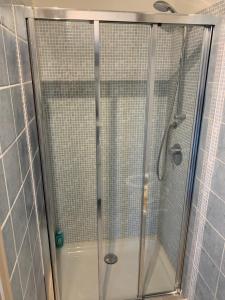 a shower with a glass door in a bathroom at Monolocale via Berthollet 6 in Turin