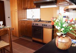 a kitchen with a stove and a vase of flowers on a table at Appartamenti Da Vincenza in Santa Maria Navarrese