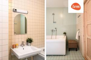 2 Bilder eines Badezimmers mit Waschbecken und Spiegel in der Unterkunft Villa Lehe Ranna Apartment in Pärnu