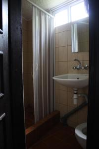 La salle de bains est pourvue d'un lavabo, d'une douche et de toilettes. dans l'établissement Hikers Hostel, à Veliko Tarnovo