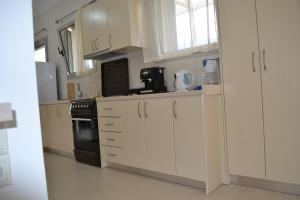 a kitchen with white cabinets and a black appliance at Av Apartment in Agios Nikitas