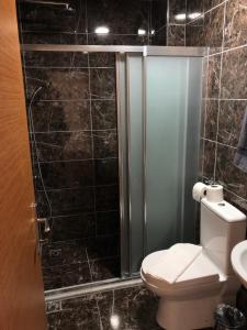 a bathroom with a toilet and a glass shower at Ottoman's Pearl Hotel in Istanbul