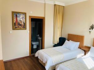 イスタンブールにあるOttoman's Pearl Hotelのベッド2台とバスルームが備わるホテルルームです。