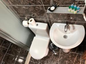 a bathroom with a white toilet and a sink at Ottoman's Pearl Hotel in Istanbul