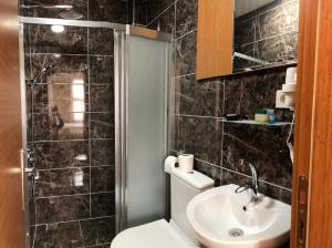 a bathroom with a shower and a toilet and a sink at Ottoman's Pearl Hotel in Istanbul