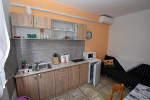 eine kleine Küche mit Spüle und Mikrowelle in der Unterkunft Apartment Adriana in Rovinj + 7 Fotos
