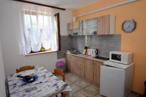 eine kleine Küche mit Tisch und Mikrowelle in der Unterkunft Apartment Adriana in Rovinj